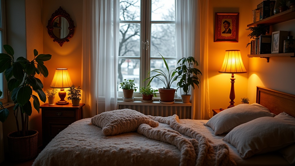 A cozy room with bright daylight lamps, potted plants, warm blankets, and a window showing a wintry dark outside scene.