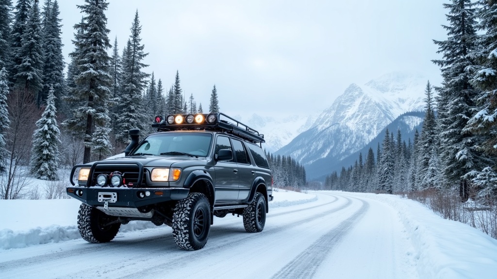 A rugged SUV fitted with winter tires, parked on a snow-covered Alaskan road beside towering evergreens and mountains